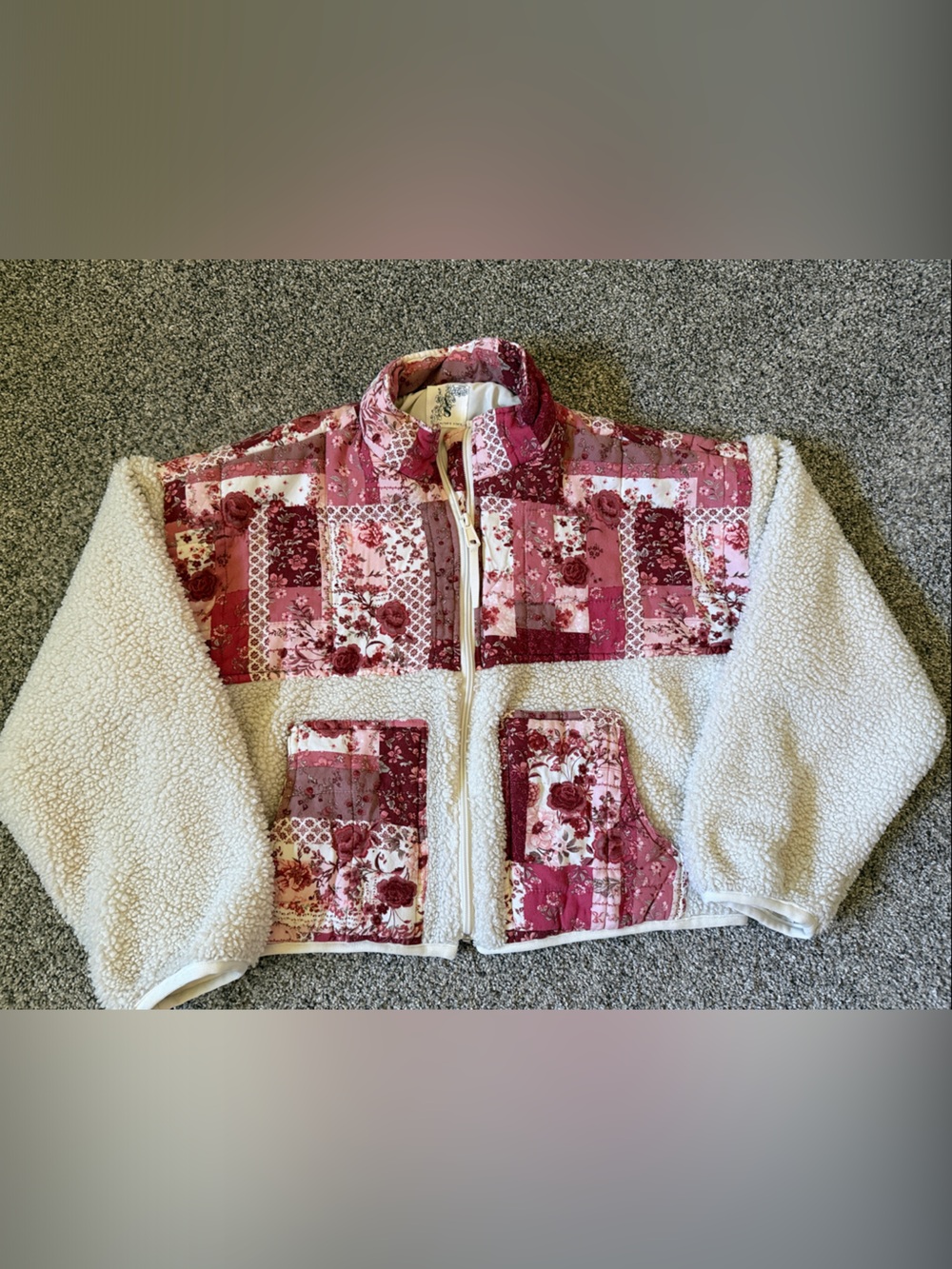 Altar'd State Pink Patchwork Sherpa Jacket with Cream Sleeves